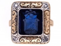 Art Deco 18ct Gold, Platinum, Rose Diamond & Synthetic Sapphire Crested Intaglio Ring
