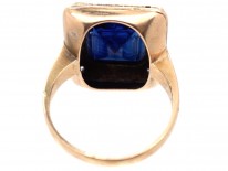 Art Deco 18ct Gold, Platinum, Rose Diamond & Synthetic Sapphire Crested Intaglio Ring