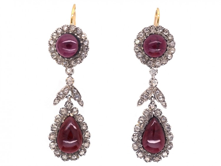 Cabochon Garnet & Rose Diamond Drop Earrings