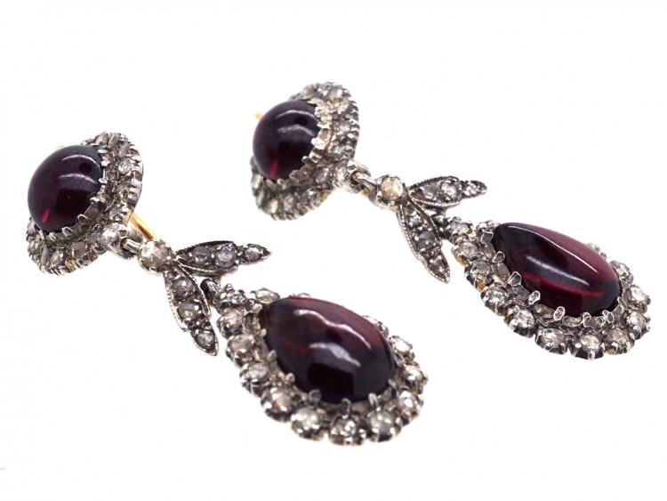 Cabochon Garnet & Rose Diamond Drop Earrings