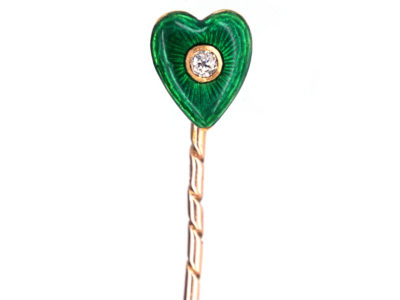 Edwardian 15ct Gold Heart Shaped Green Enamal & Diamond TiePin