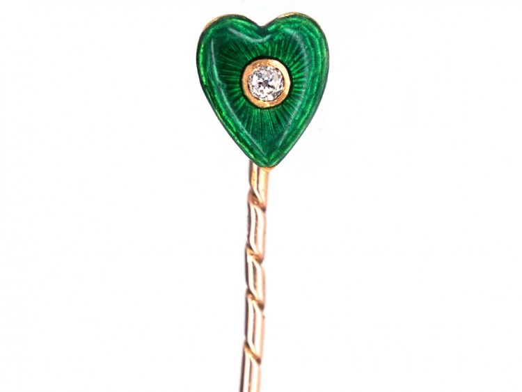 Edwardian 15ct Gold Heart Shaped Green Enamal & Diamond TiePin
