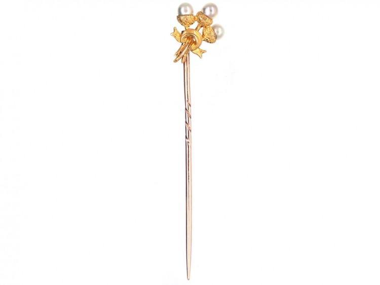 Edwardian 15ct Gold Triple Acorn & Natural Pearl Tie Pin