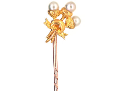 Edwardian 15ct Gold Triple Acorn & Natural Pearl Tie Pin