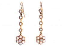 Edwardian 15ct Gold Diamond & Natural Split Pearl Drop Cluster Earrings