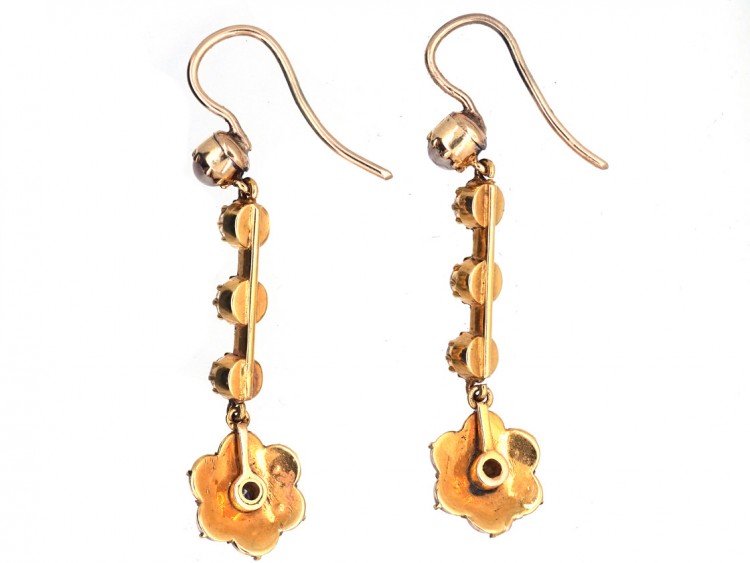 Edwardian 15ct Gold Diamond & Natural Split Pearl Drop Cluster Earrings