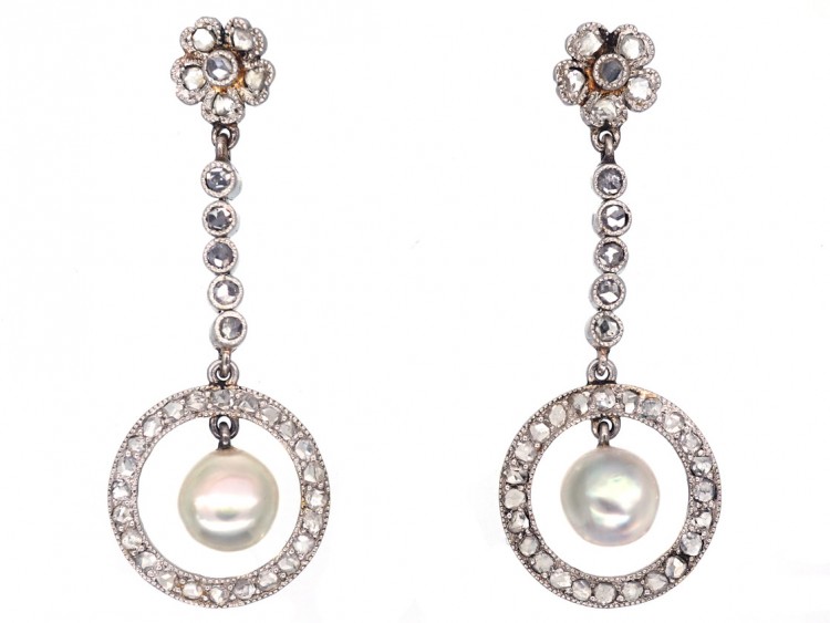 Edwardian Rose Diamond & Natural Pearl Drop Earrings