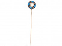 Victorian 15ct Gold, Turquoise Blue Enamel, Diamond & Natural Pearl Tie Pin