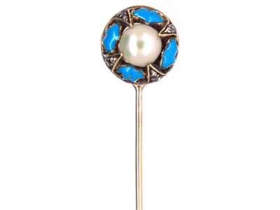 Victorian 15ct Gold, Turquoise Blue Enamel, Diamond & Natural Pearl Tie Pin