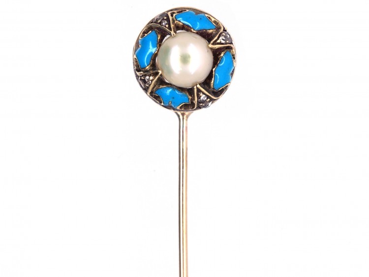 Victorian 15ct Gold, Turquoise Blue Enamel, Diamond & Natural Pearl Tie Pin