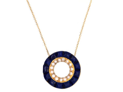 18ct Gold Lapis & Pearl Round Pendant on Chain