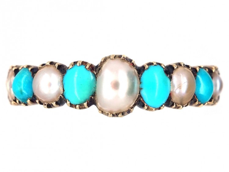 Georgian 15ct Gold, Turquoise & Natural Split Pearl Ring