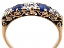 Victorian 18ct Gold, Sapphire & Diamond Five Stone Carved Half Hoop Ring