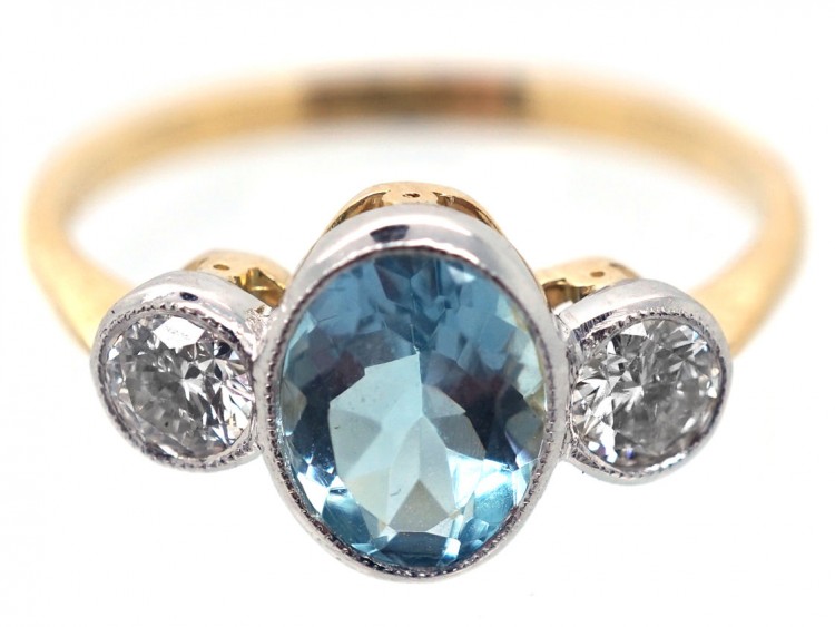 18ct Yellow & White Gold, Aquamarine & Diamond Three Stone Ring