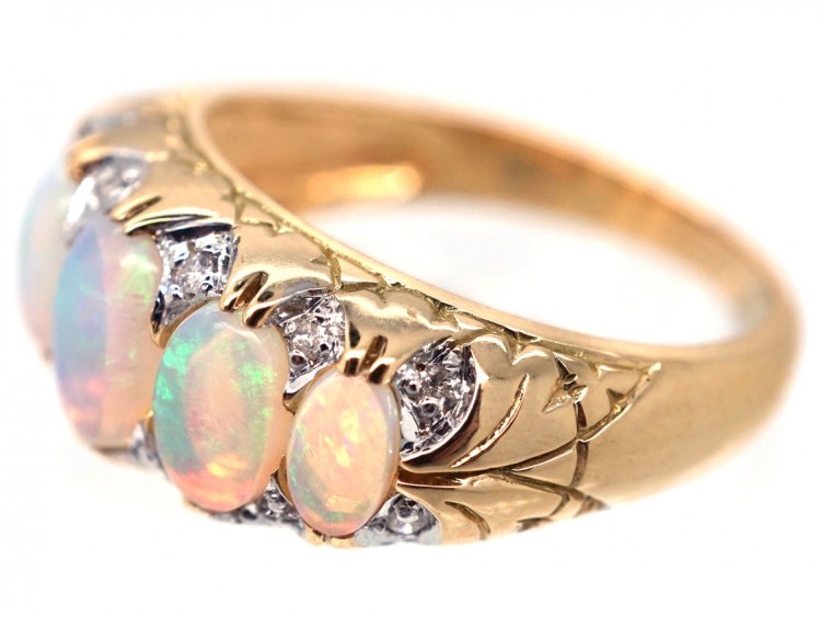 Victorian 18ct Gold, Five Stone Opal & Diamond Ring