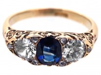 Victorian 18ct Gold Sapphire & Diamond Carved Half Hoop Ring