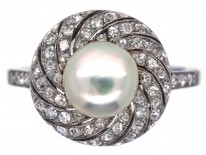 1920s Platinum, Natural Saltwater Pearl & Diamond  Ring