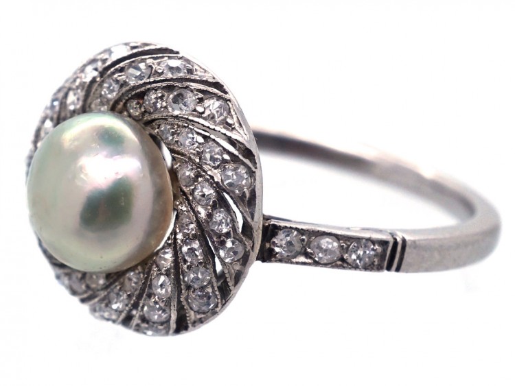 1920s Platinum, Natural Saltwater Pearl & Diamond  Ring