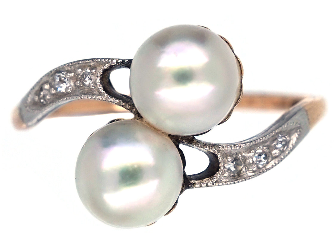 Art Nouveau Platinum & 18ct Gold, Natural Split Pearls & Diamond Ring ...