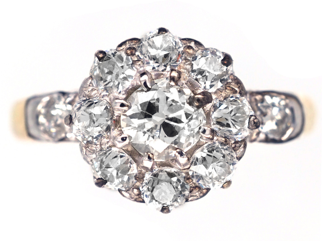 Victorian 18ct Gold & Diamond Cluster Ring with Diamond Shoulders (69H ...