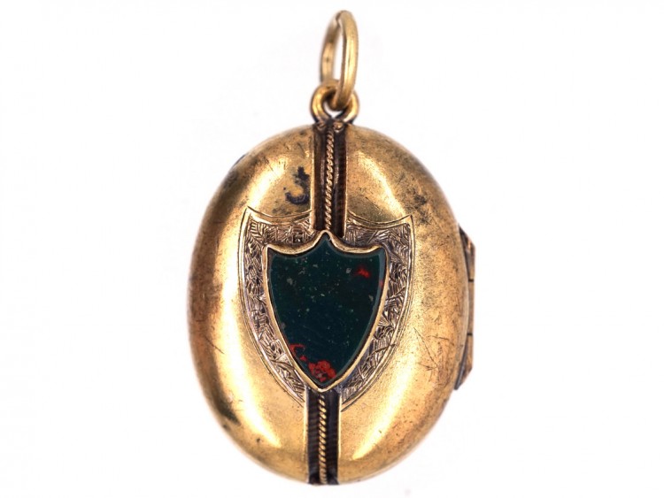 Victorian 15ct Gold Oval Locket Set With A Shield Shaped Bloodstone