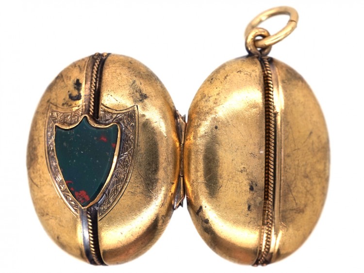 Victorian 15ct Gold Oval Locket Set With A Shield Shaped Bloodstone