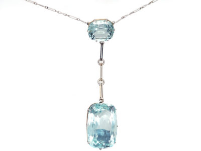 Art Deco Two Stone Aquamarine Drop Pendant on Chain