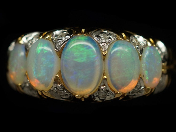 Victorian 18ct Gold, Five Stone Opal & Diamond Ring