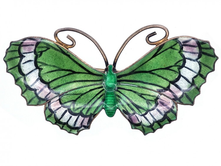 Silver, White & Green Enamel Butterfly Brooch