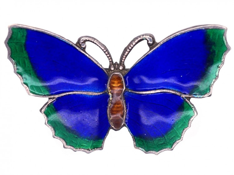 Silver, Dark Blue, Brown & Green Enamel Butterfly Brooch
