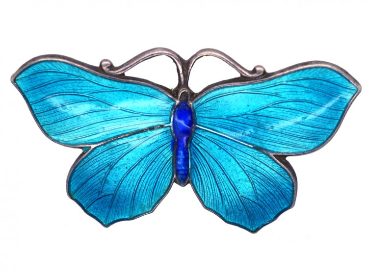 Small Silver, Dark & Light Blue Enamel Butterfly Brooch