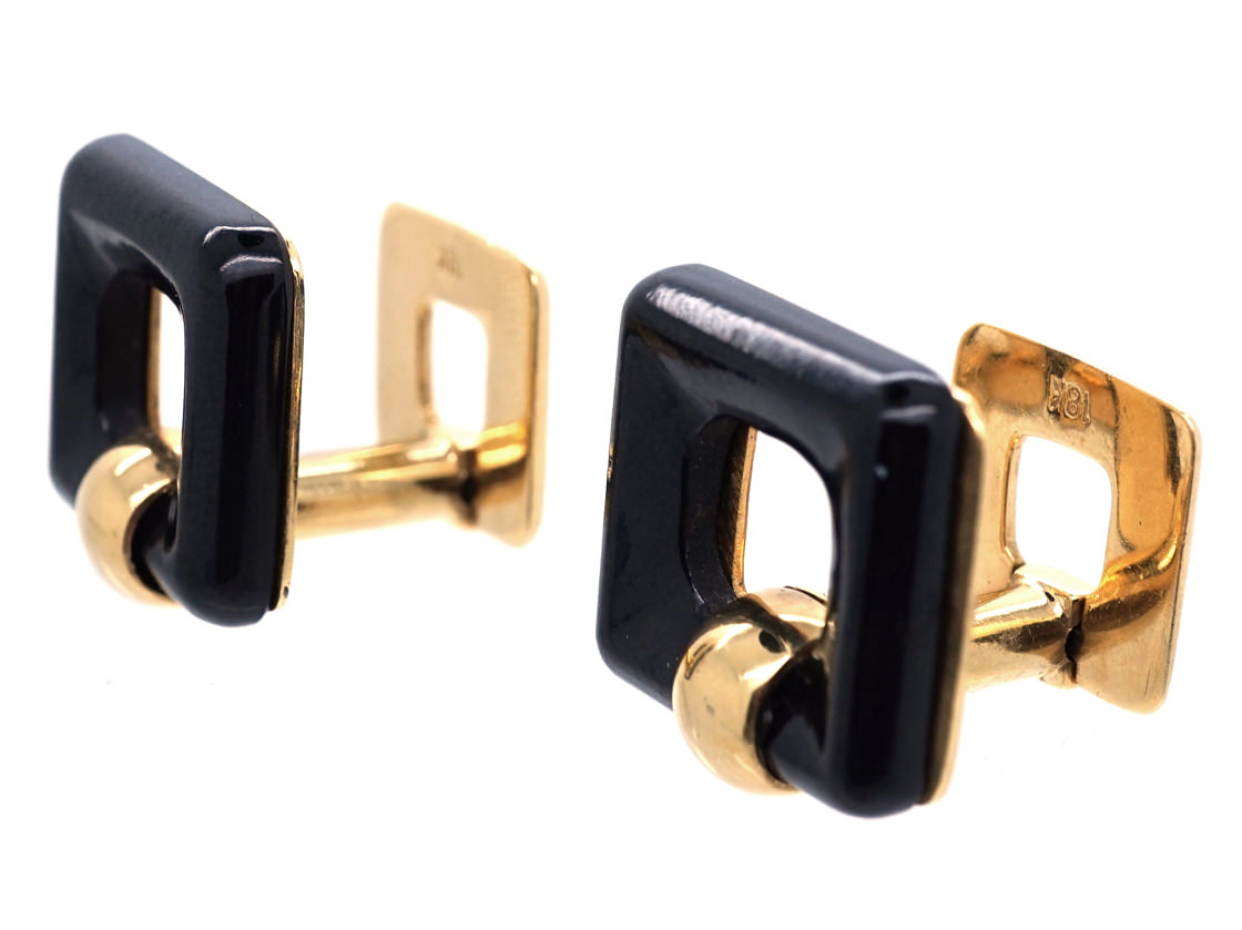 18ct Gold & Onyx Square Hinged Cufflinks (181H) The Antique Jewellery