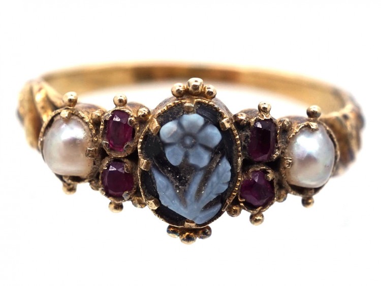 15ct Gold Forget Me Not Ruby, Sardonyx & Natural Split Pearl Ring