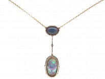 Art Deco Two Stone Black Opal & Opal Pendant on Chain