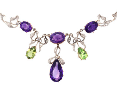 15ct Gold & Platinum Diamond, Amethyst & Peridot Suffragette Necklace