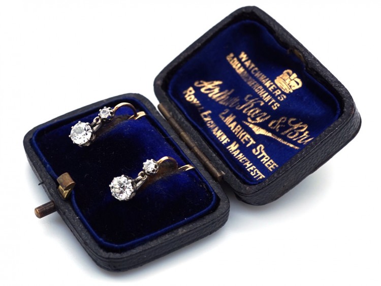 Edwardian Two Stone Diamond Drop Earrings in Original Case
