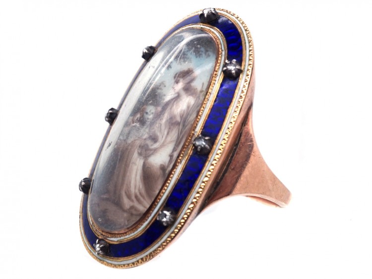 Georgian Gold & Enamel Miniature Ring of a Lady & Her Dog