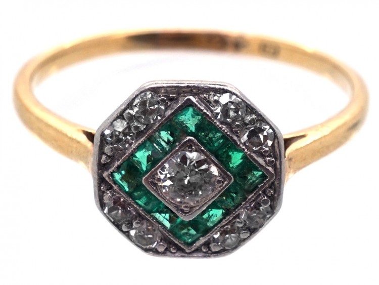 Art Deco 18ct Gold & Platinum, Emerald & Diamond Octagonal Ring