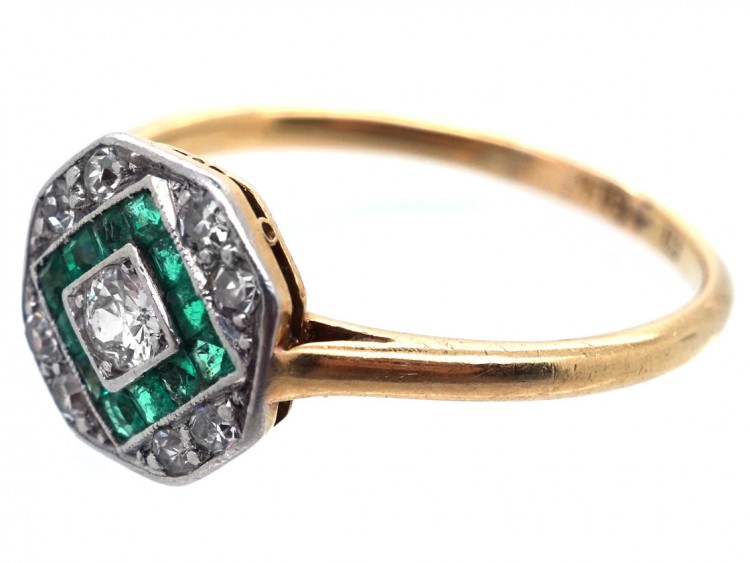Art Deco 18ct Gold & Platinum, Emerald & Diamond Octagonal Ring