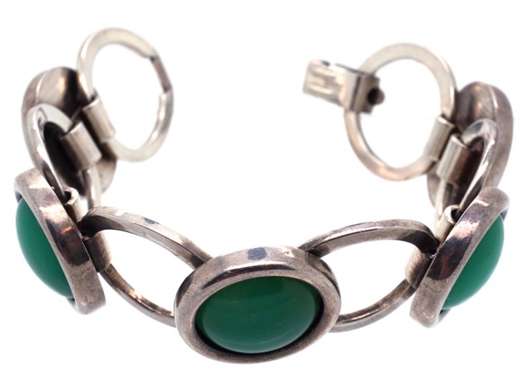 Art Deco Silver & Jade Round Links Bracelet