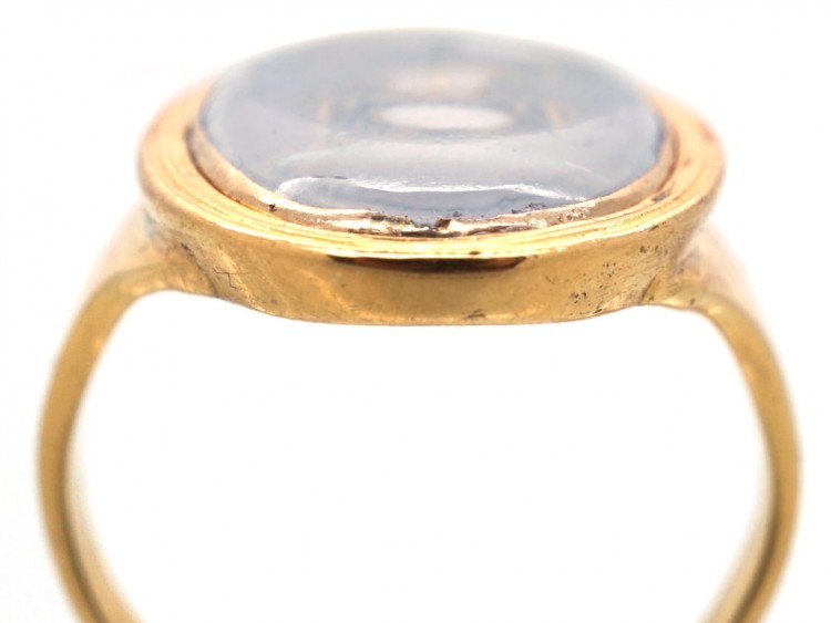 Georgian Oval Gold Mourning Ring Containing an Urn above Opaline Glass