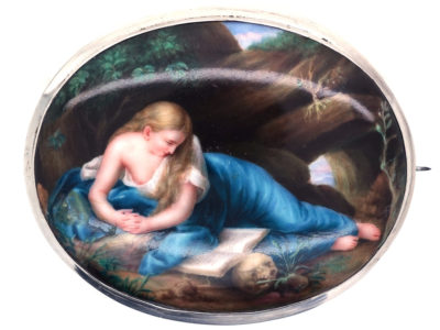Victorian Large Oval Silver & Porcelain Brooch of Reclining Lady