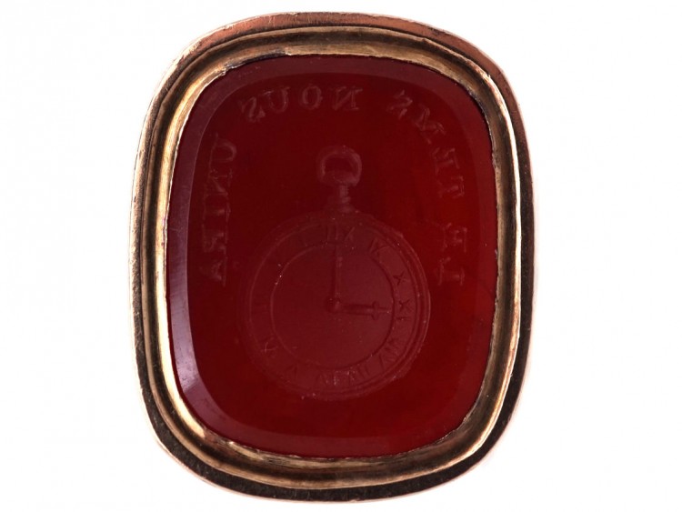Georgian 15ct Two Colour Gold Seal with Snake Motif & Carnelian Intaglio of a Watch