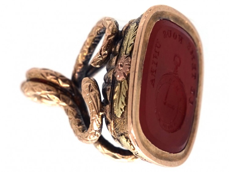 Georgian 15ct Two Colour Gold Seal with Snake Motif & Carnelian Intaglio of a Watch