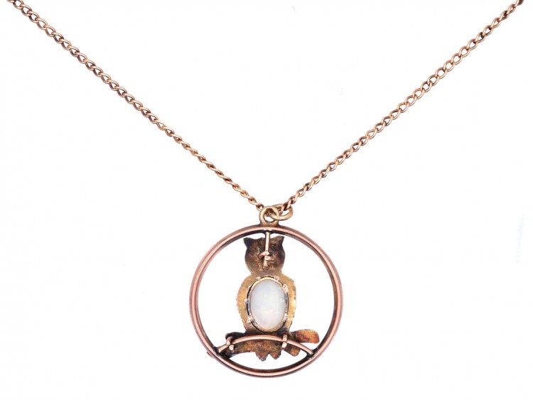 Edwardian 9ct Gold Owl Pendant on 9ct Gold Chain