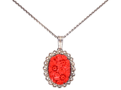 Art Deco Silver Carved Coral Flowers Pendant on a Silver Chain