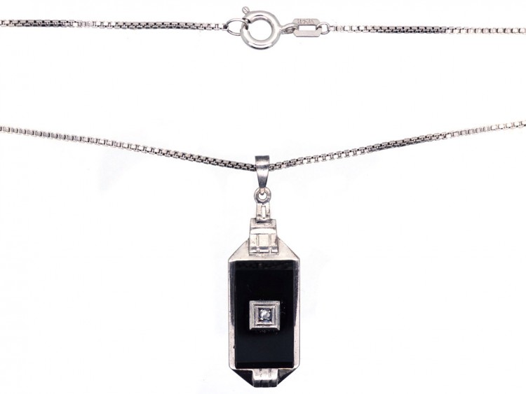 Art Deco Silver Onyx & Diamond Pendant on a Silver Chain