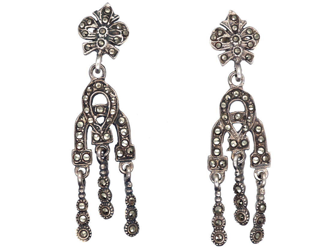 Art Deco Triple Drop Silver & Marcasite Earrings (250H) | The Antique ...