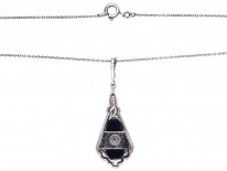 Art Deco Silver, Onyx & Diamond Pendant on a Silver Chain