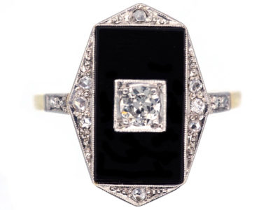 Art Deco 18ct Gold & Platinum, Onyx & Diamond Rectangular Ring